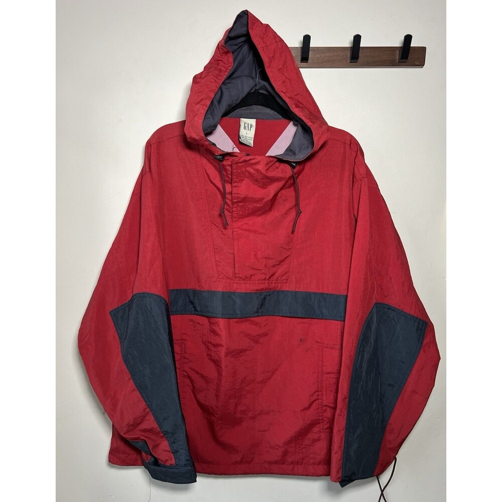 Gap Red Black Anorak Jacket Men's L Hooded Drawstring Colorblock Mid-Length Vtg